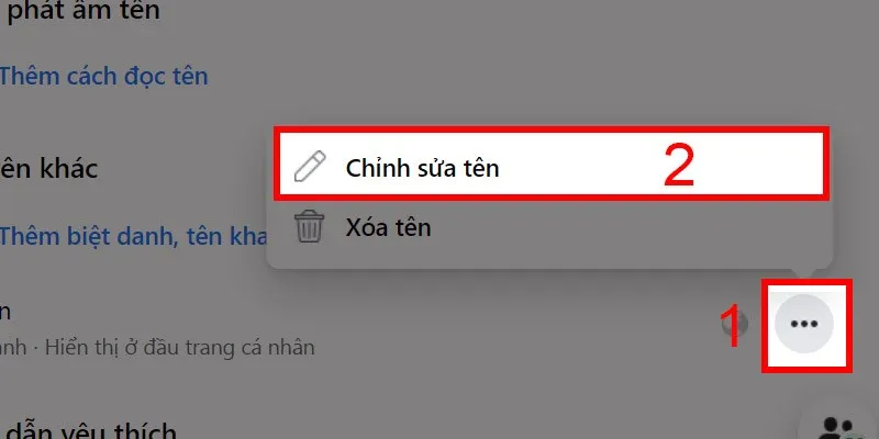 Giao diện chỉnh sửa tên biệt danh Facebook qua dấu ba chấm