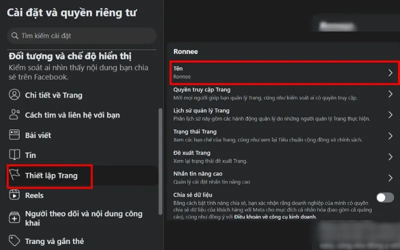 Giao diện chỉnh sửa thông tin trang Facebook trên máy tính