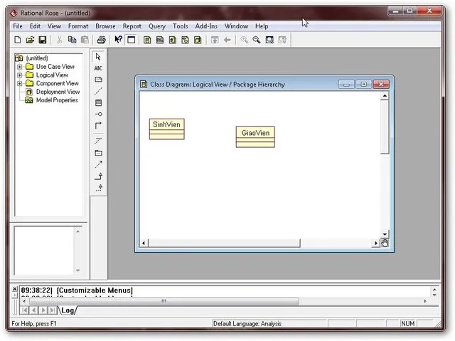 Giao diện chính và các công cụ mô hình hóa UML sau khi cài Rational Rose thành công
