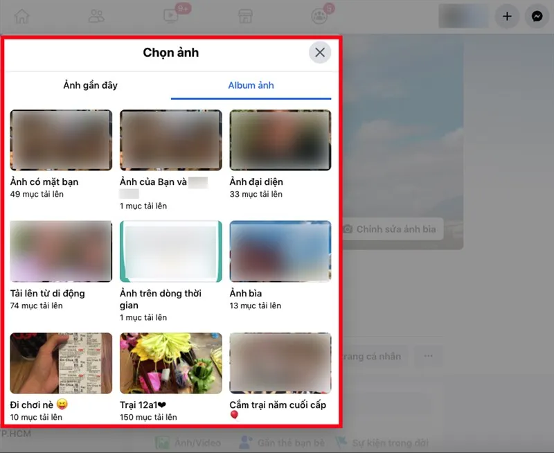 Giao diện chọn ảnh từ album ảnh của bạn để làm ảnh bìa mới