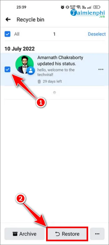 Giao diện chọn bài đăng trong Thùng rác và nút Khôi phục