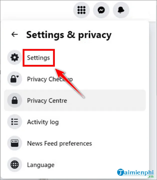 Giao diện chọn Cài đặt trên Facebook