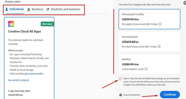 Giao diện chọn gói dịch vụ phù hợp với nhu cầu sử dụng của bạn