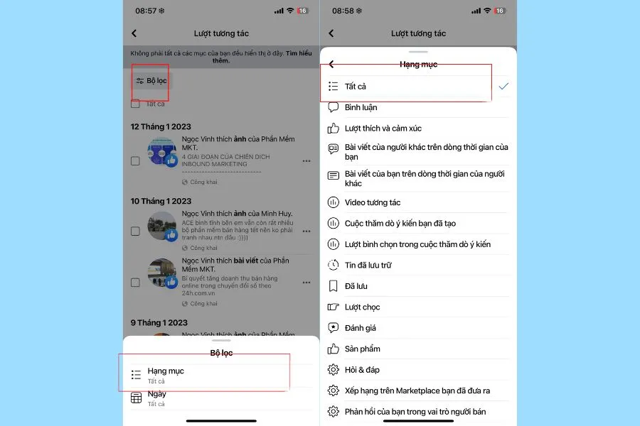 Giao diện chọn Hạng mục Bình luận trong Nhật ký hoạt động Facebook để xóa hàng loạt