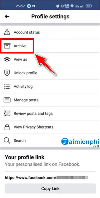 Giao diện chọn Lưu trữ (Archive) trong menu Cài đặt hồ sơ