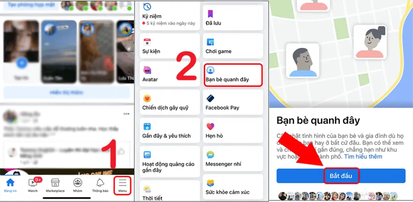 Giao diện chọn mục Bạn bè Quanh Đây trong Menu của Facebook trên iPhone