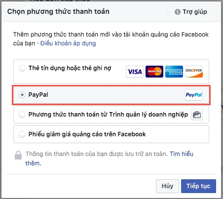 Giao diện chọn Phương thức thanh toán trong Trình quản lý Quảng cáo Facebook