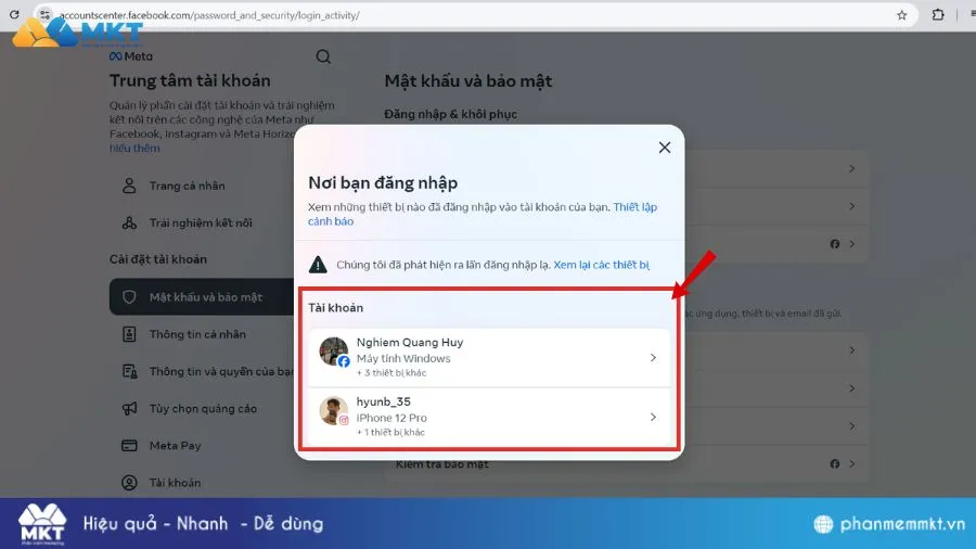 Giao diện chọn tài khoản để xem các phiên đăng nhập
