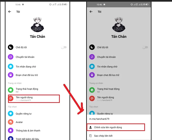 Giao diện chọn Tên người dùng trong cài đặt của ứng dụng Messenger