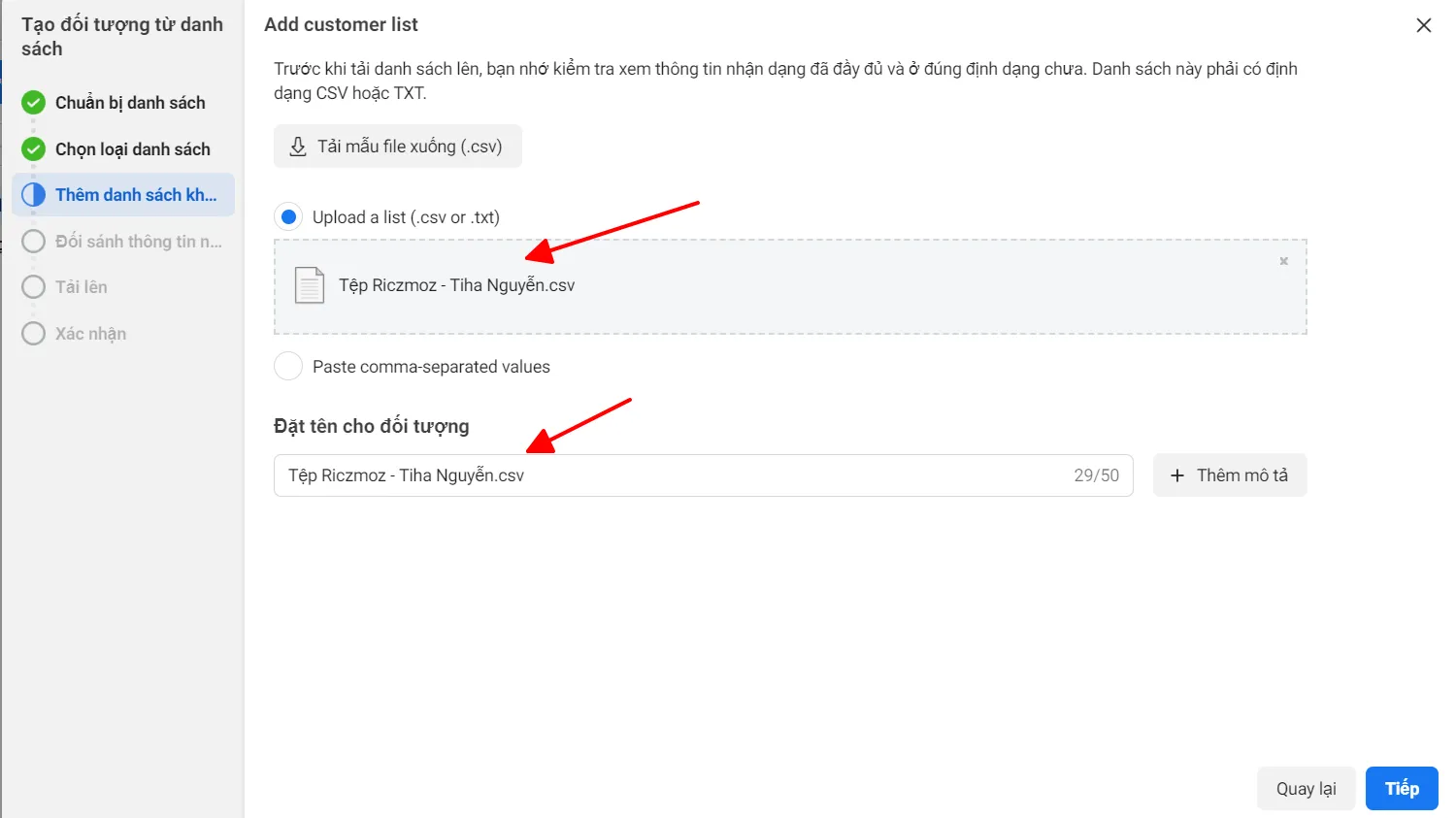 Giao diện chọn tệp danh sách khách hàng để chạy quảng cáo Facebook