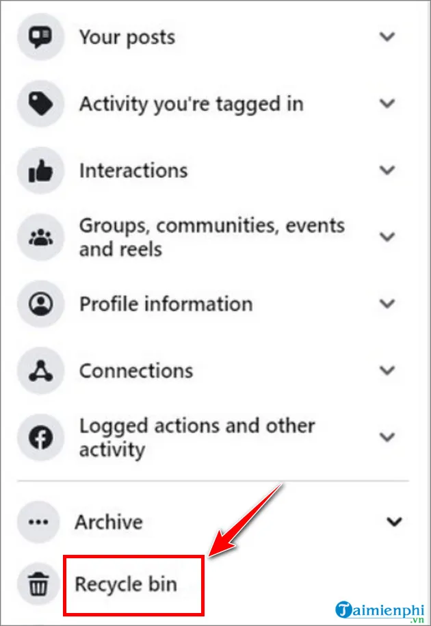 Giao diện chọn Thùng rác trong Nhật ký hoạt động