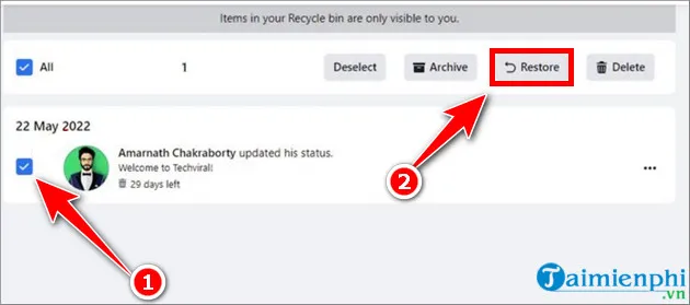 Giao diện chọn và khôi phục bài đăng đã xóa trong Thùng rác