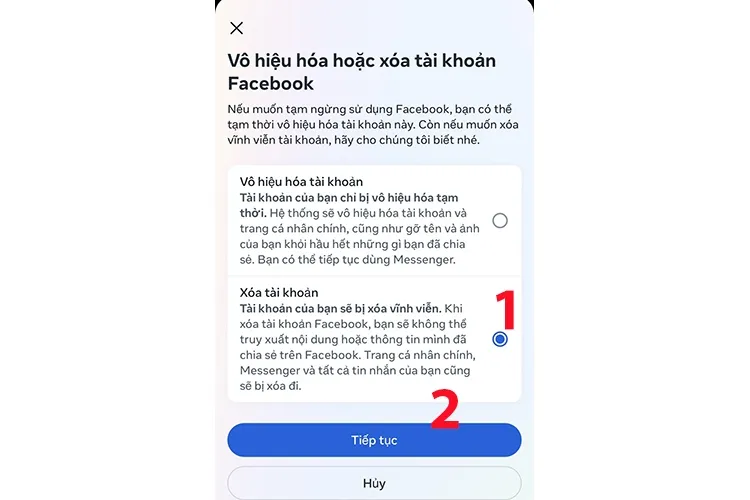 Giao diện chọn Xóa tài khoản trên điện thoại, bước đầu tiên của cách khóa vĩnh viễn Facebook