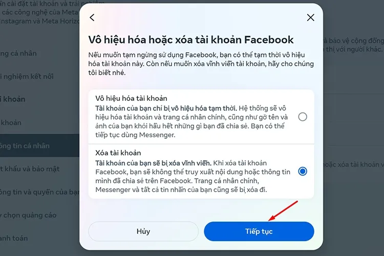 Giao diện chọn Xóa tài khoản trên máy tính (PC)