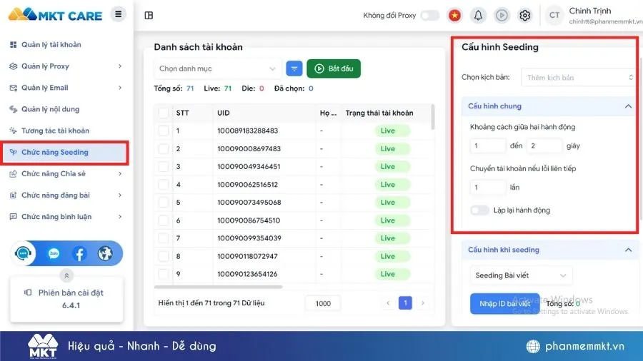 Giao diện chứng năng seeding Phần mềm MKT Care