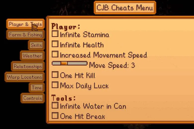 Giao diện CJB Cheats Menu hiển thị các tùy chọn gian lận như câu cá tức thì, di chuyển nhanh, điều khiển thời tiết