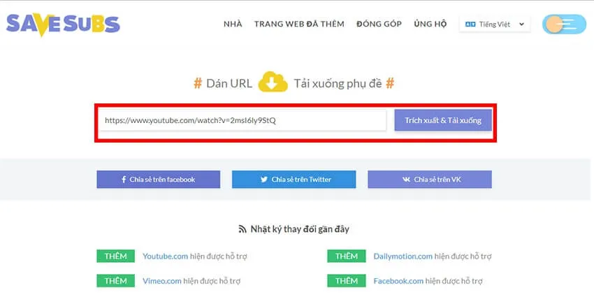 Giao diện công cụ SaveSub online dán URL video để download sub Youtube