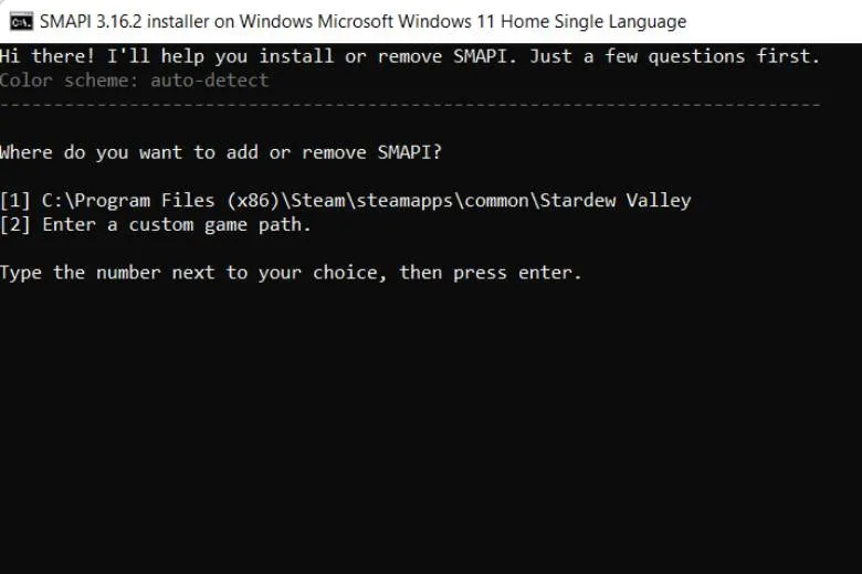 Giao diện console hiện ra cho phép người dùng chọn đường dẫn cài đặt SMAPI, thường là chọn tùy chọn để cài vào đường dẫn mặc định