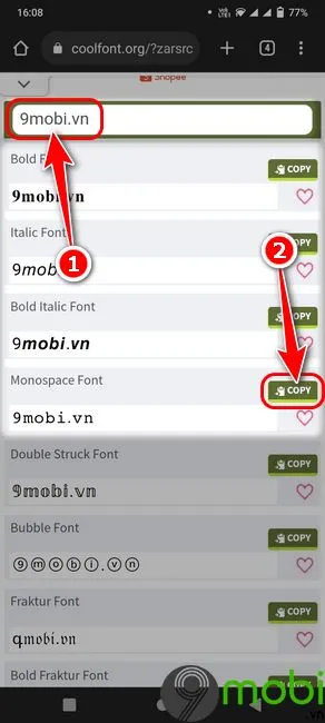 Giao diện Cool Fonts với các tùy chọn phông chữ và nút Copy