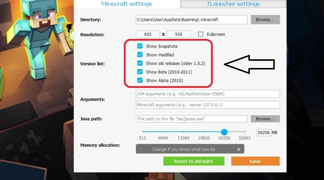 Giao diện của TLauncher cho phép người dùng dễ dàng cài đặt các phiên bản Minecraft khác nhau