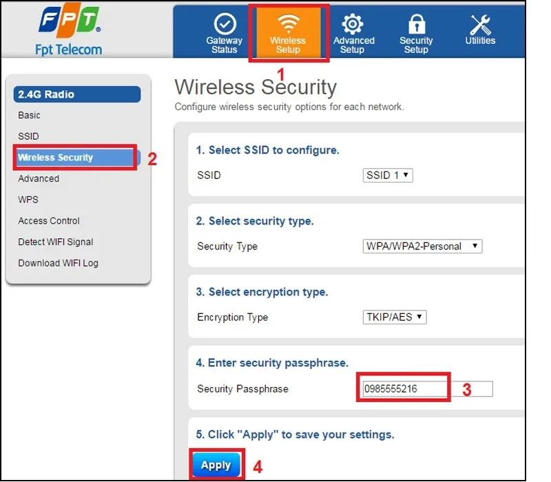 Giao diện cuối cùng để nhập mật khẩu WiFi mới vào mục 'Enter security passphrase' và nhấn Apply