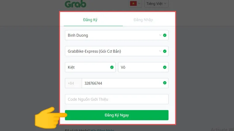 Giao diện đăng ký tài khoản mới trên trang web chính thức của Grab, bước đầu tiên trong cách cài đặt grabbike