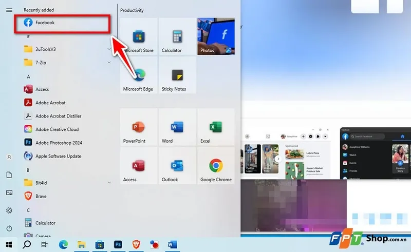 Giao diện đăng nhập Facebook trên ứng dụng máy tính