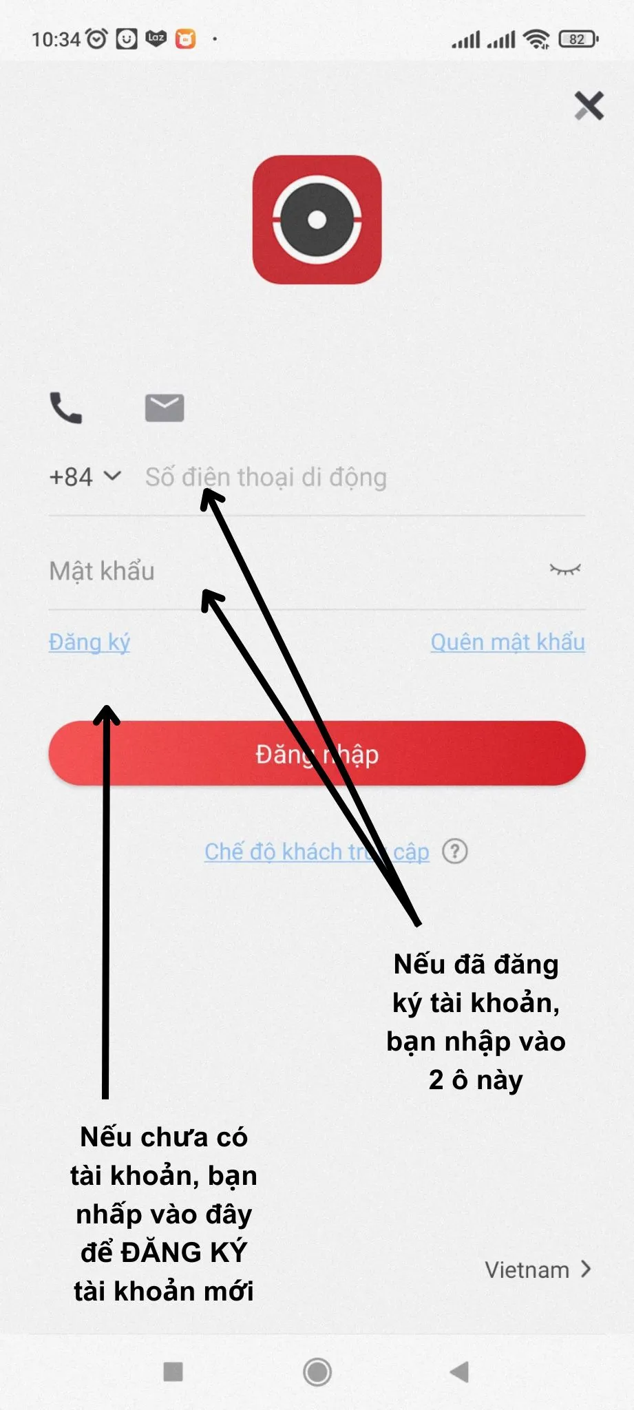 Giao diện đăng nhập và đăng ký tài khoản trong ứng dụng Hik-Connect