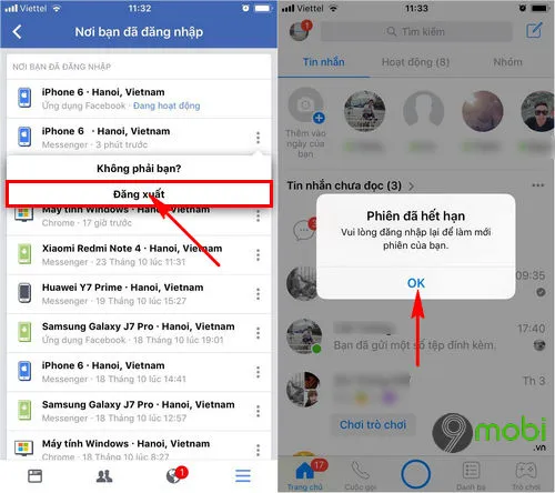 Giao diện danh sách thiết bị hiển thị phiên hoạt động và tùy chọn đăng xuất phiên Facebook Messenger