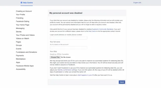 Giao diện điền thông tin cá nhân và tải giấy tờ tùy thân để kháng nghị tài khoản bị khóa