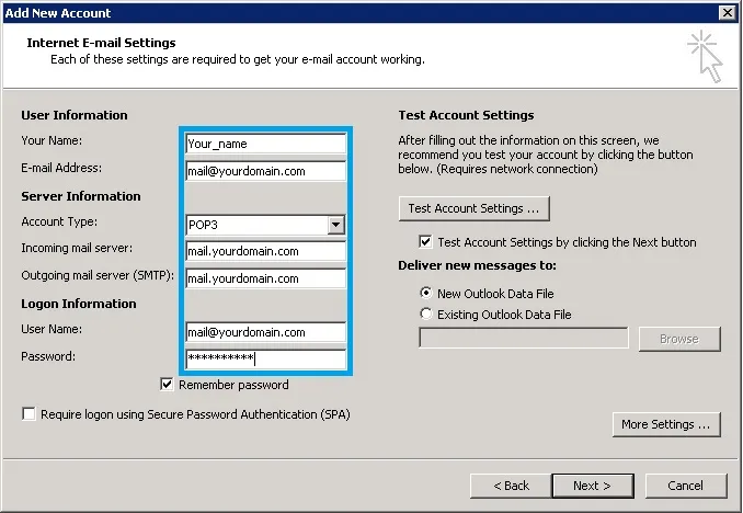 Giao diện điền thông tin chi tiết tài khoản email trong cài đặt Outlook 2010