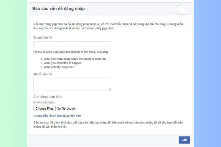 Giao diện điền thông tin để yêu cầu hỗ trợ khôi phục tài khoản Facebook bị khóa do quên mật khẩu