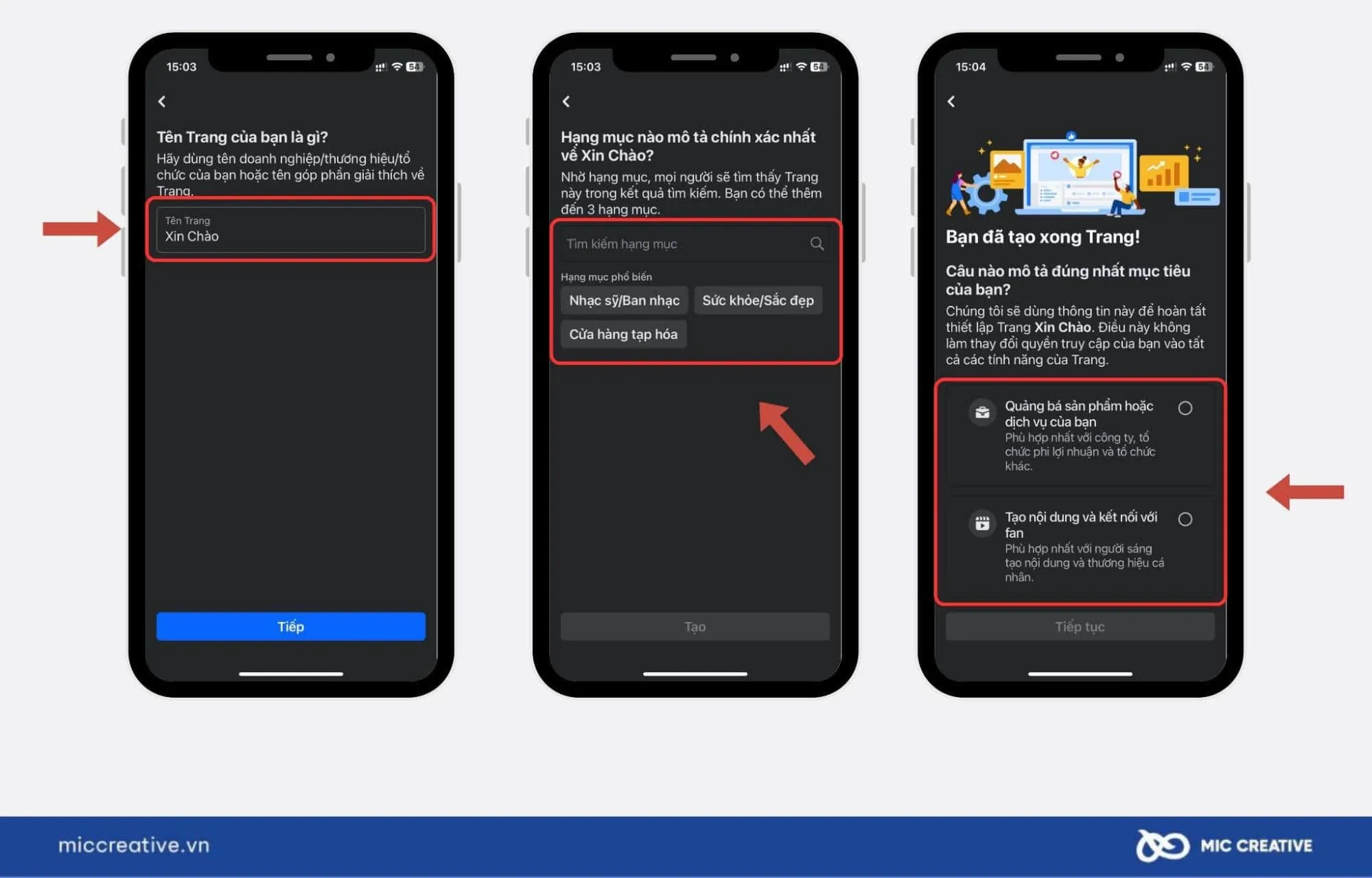 Giao diện điền thông tin và thiết lập Fanpage trong các bước lập Page Facebook