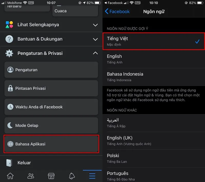 Giao diện đổi lại ngôn ngữ ứng dụng Facebook sang Tiếng Việt