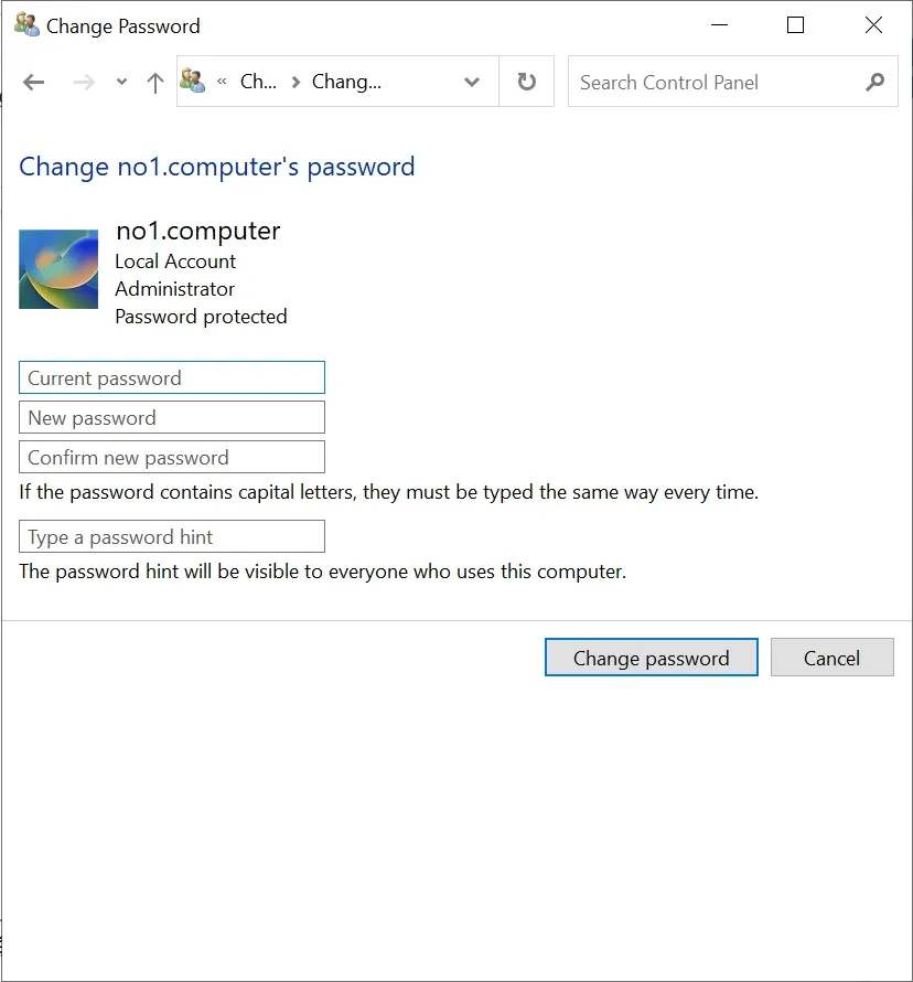 Giao diện đổi mật khẩu tài khoản người dùng
