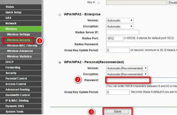 Giao diện đổi mật khẩu WiFi và chọn loại bảo mật WPA/WPA2 Personal