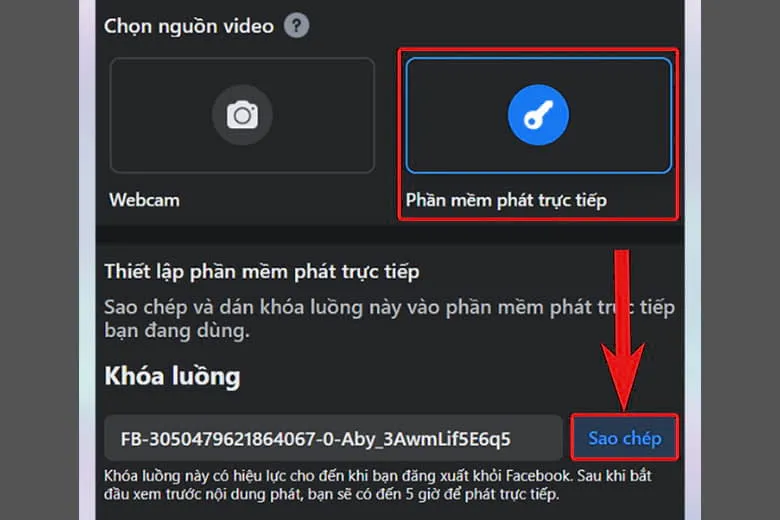 Giao diện Facebook Live Video cho phép sao chép Khóa Luồng để kết nối với phần mềm bên thứ ba