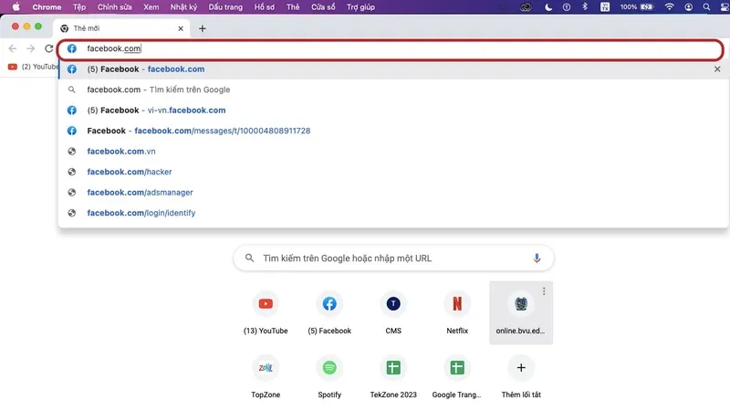Giao diện Facebook sau khi truy cập bằng trình duyệt Chrome trên MacBook