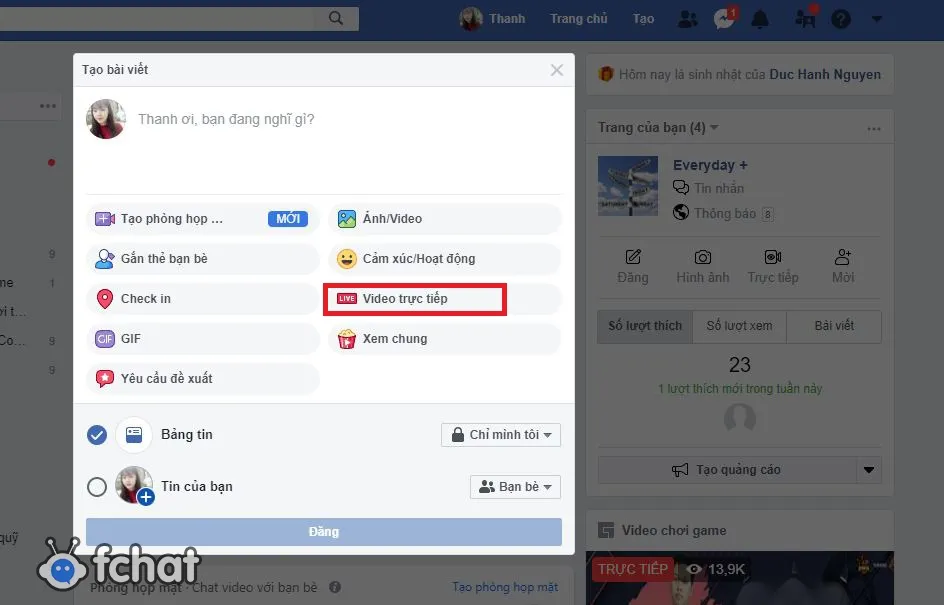 Giao diện Facebook trên máy tính để thiết lập video trực tiếp, hỗ trợ cho việc tổ chức webinar và livestream chuyên nghiệp