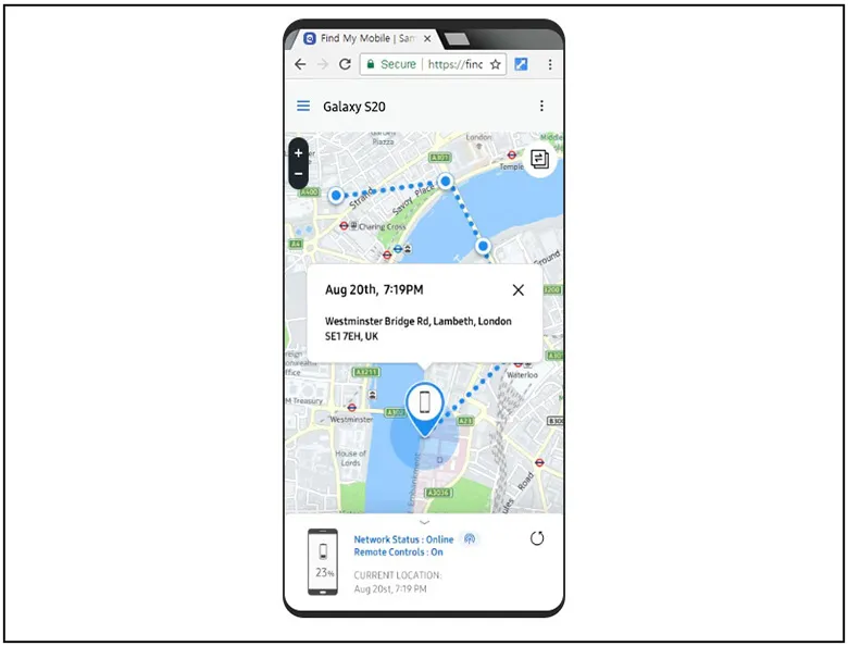 Giao diện hiển thị vị trí của điện thoại Samsung đã được định vị thành công