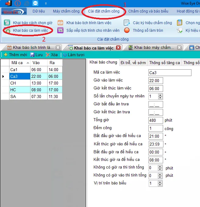 Giao diện Khai báo ca làm việc trong quá trình cài đặt Wise Eye