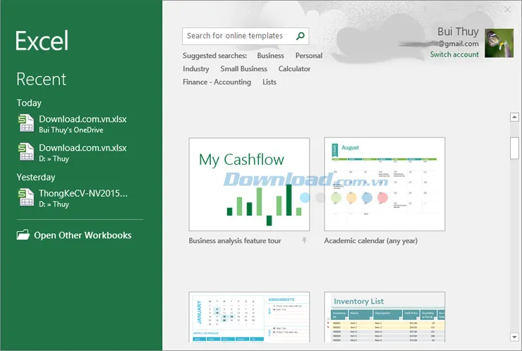 Giao diện khởi động của Excel