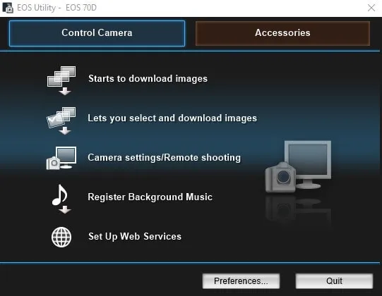 Giao diện khởi động phần mềm Canon EOS Utility