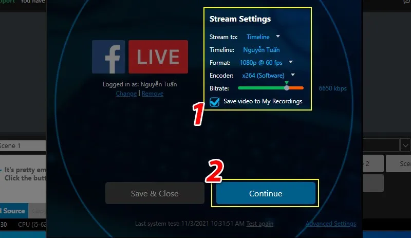 Giao diện kiểm tra và xác nhận thông tin thiết lập live stream Facebook trong XSplit, người dùng nhấn Continue để hoàn tất bước này