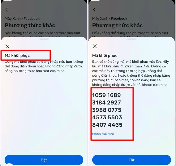 Giao diện lấy Mã khôi phục là phương pháp dự phòng để có mã xác thực Facebook