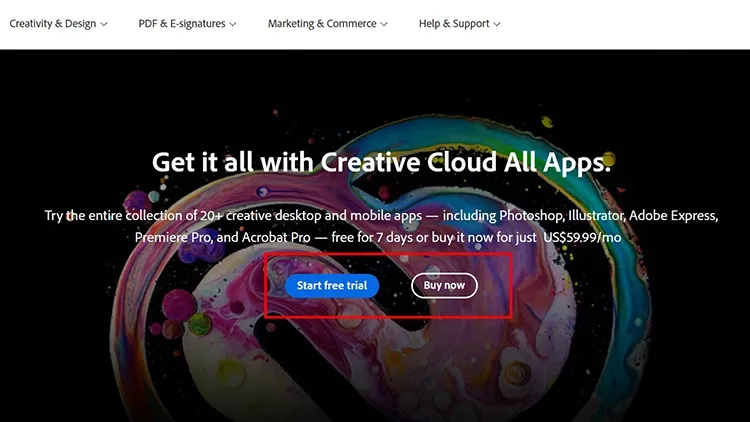 Giao diện lựa chọn dùng thử miễn phí hoặc mua ngay từ trang chủ Adobe