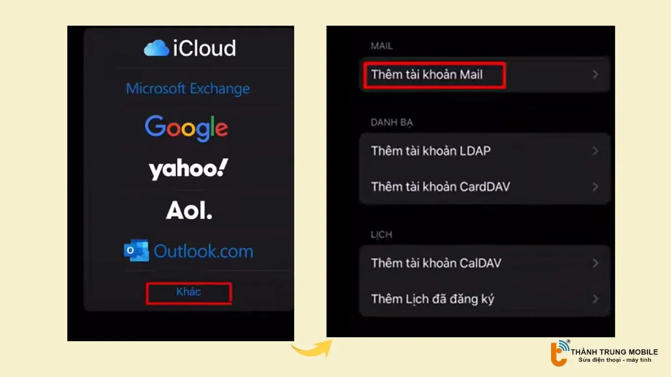 Giao diện lựa chọn Khác và Thêm tài khoản Mail trong quá trình thiết lập email công ty trên iPhone.