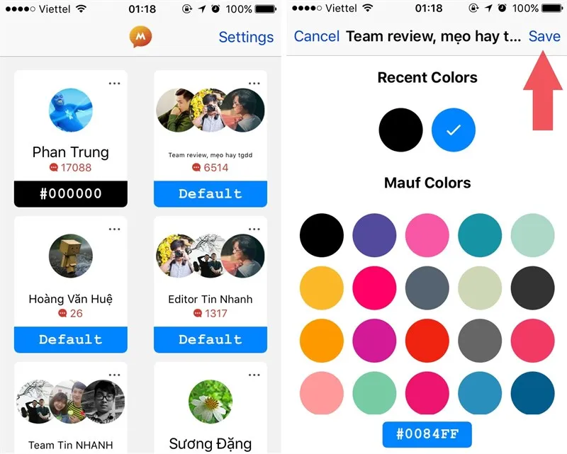 Giao diện lựa chọn màu sắc và bạn bè trong ứng dụng đổi màu Messenger Mauf