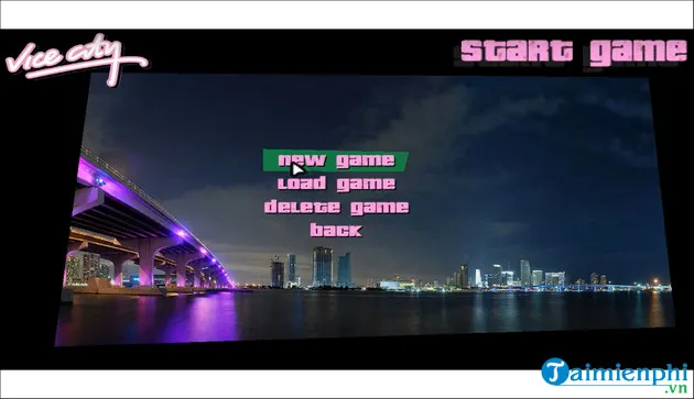 Giao diện menu chính của GTA Vice City với tùy chọn New Game để bắt đầu chơi