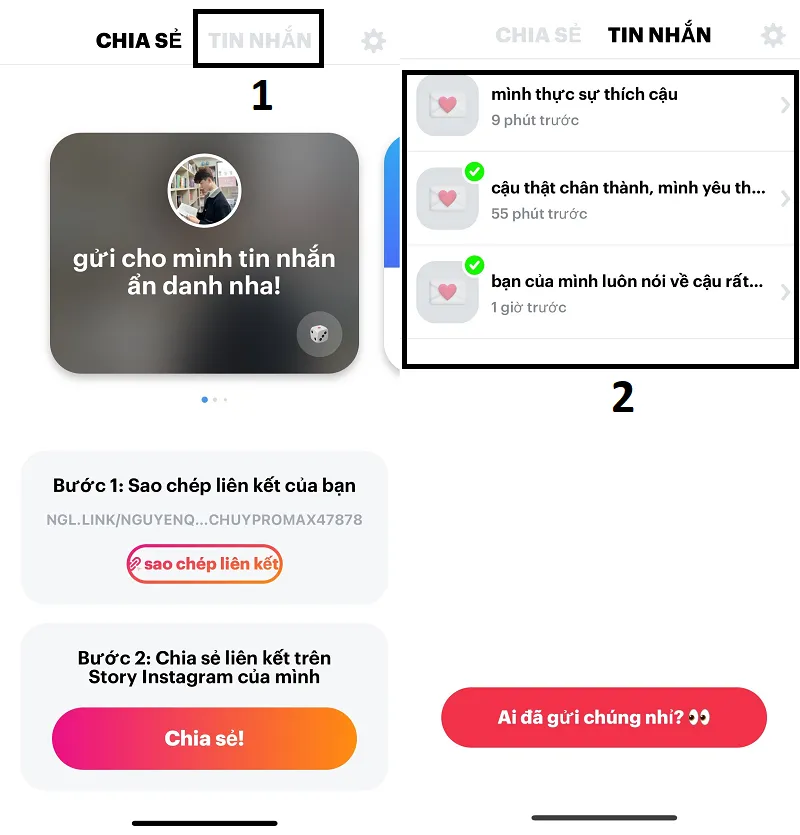 Giao diện mục Tin Nhắn trong ứng dụng NGL nơi hiển thị câu hỏi ẩn danh đã nhận